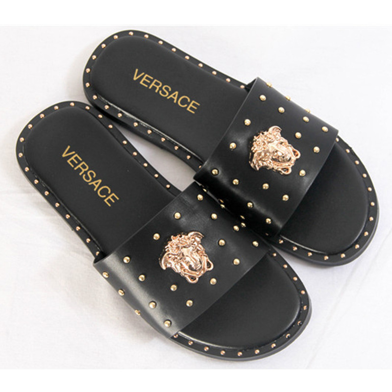 Versace Medusa Head Studded Surrounded Mens Black Slippers