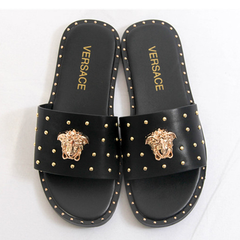 Versace Medusa Head Studded Surrounded Mens Black Slippers