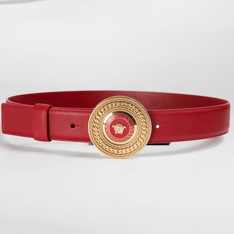 Versace Red Leather Medusa Mens Plated Gold Tone Belt