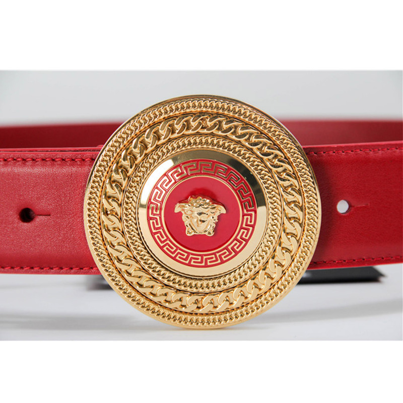 Versace Red Leather Medusa Mens Plated Gold Tone Belt