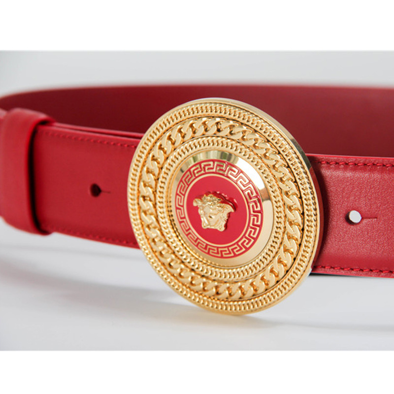 Versace Red Leather Medusa Mens Plated Gold Tone Belt