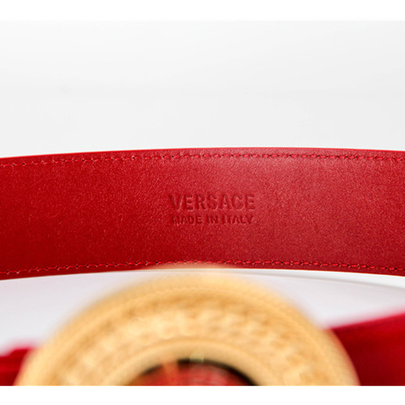 Versace Red Leather Medusa Mens Plated Gold Tone Belt