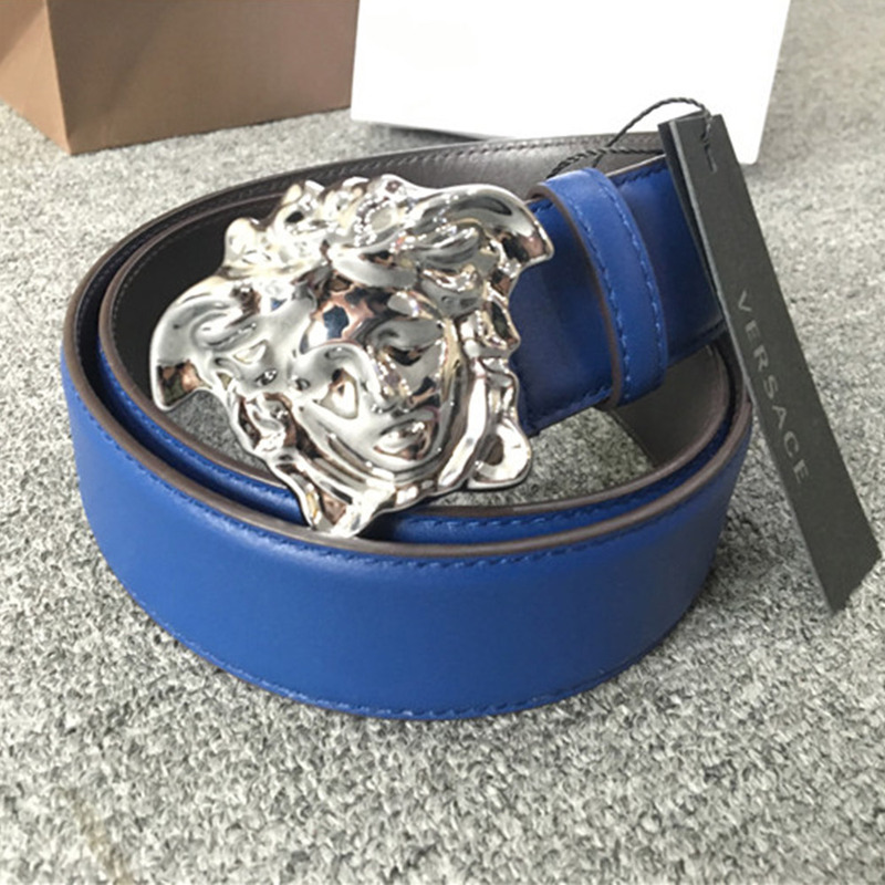 Versace Limited Quality Blue Medusa Belt DCU4140-DVTP1_OOD41OIN FIXED LENGTH BELT Sliver Buckle