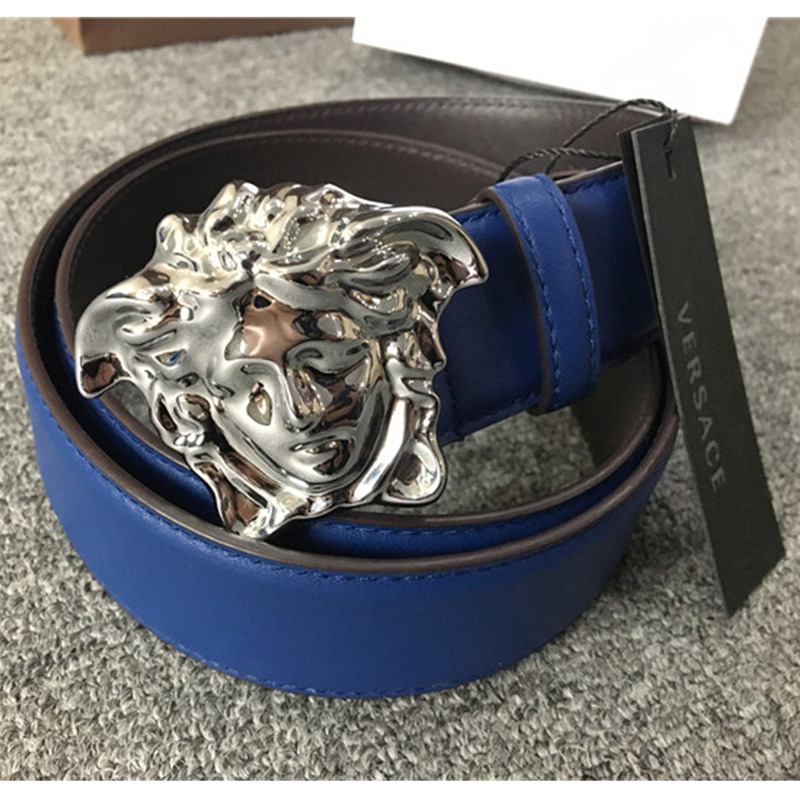 Versace Limited Quality Blue Medusa Belt DCU4140-DVTP1_OOD41OIN FIXED LENGTH BELT Sliver Buckle