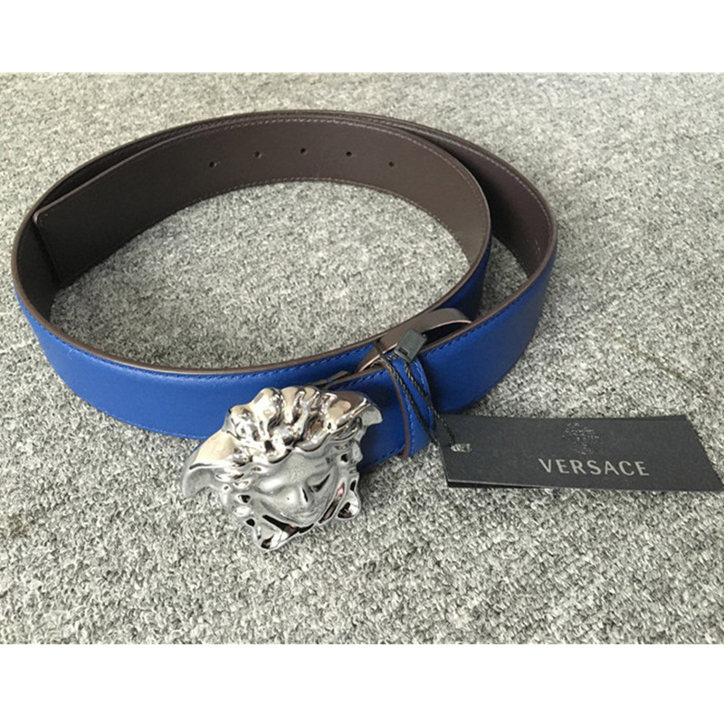 Versace Limited Quality Blue Medusa Belt DCU4140-DVTP1_OOD41OIN FIXED LENGTH BELT Sliver Buckle