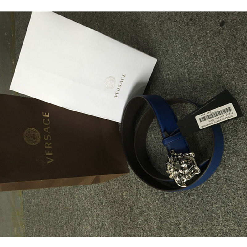 Versace Limited Quality Blue Medusa Belt DCU4140-DVTP1_OOD41OIN FIXED LENGTH BELT Sliver Buckle